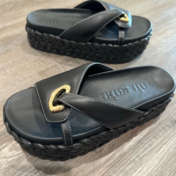 Cult Gaia Blythe Embellished Leather Platform Espadrille Sandal Slides in Black - Picture 3 of 16